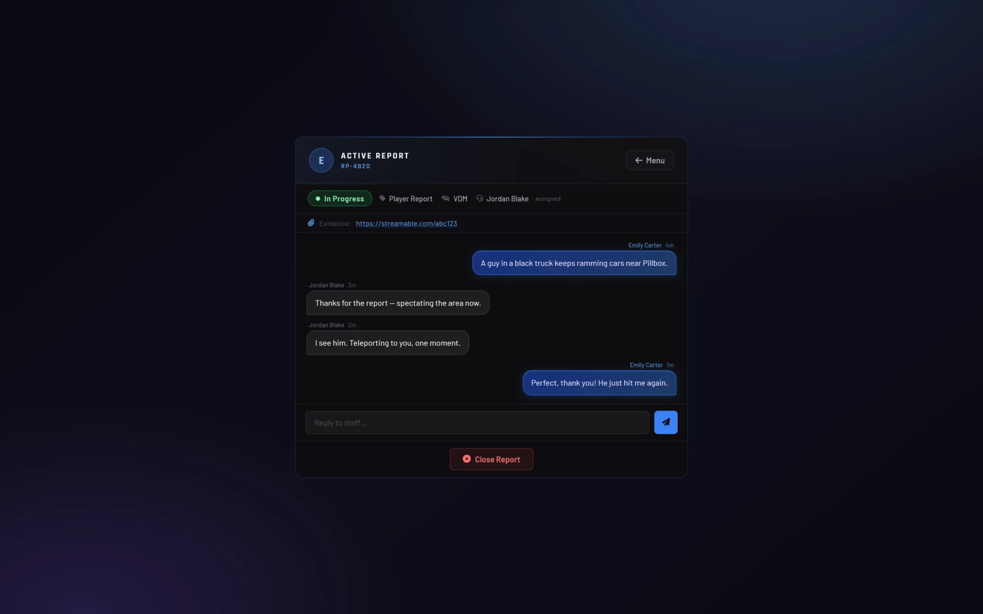 Real-time staff to player chat with evidence and typing indicators