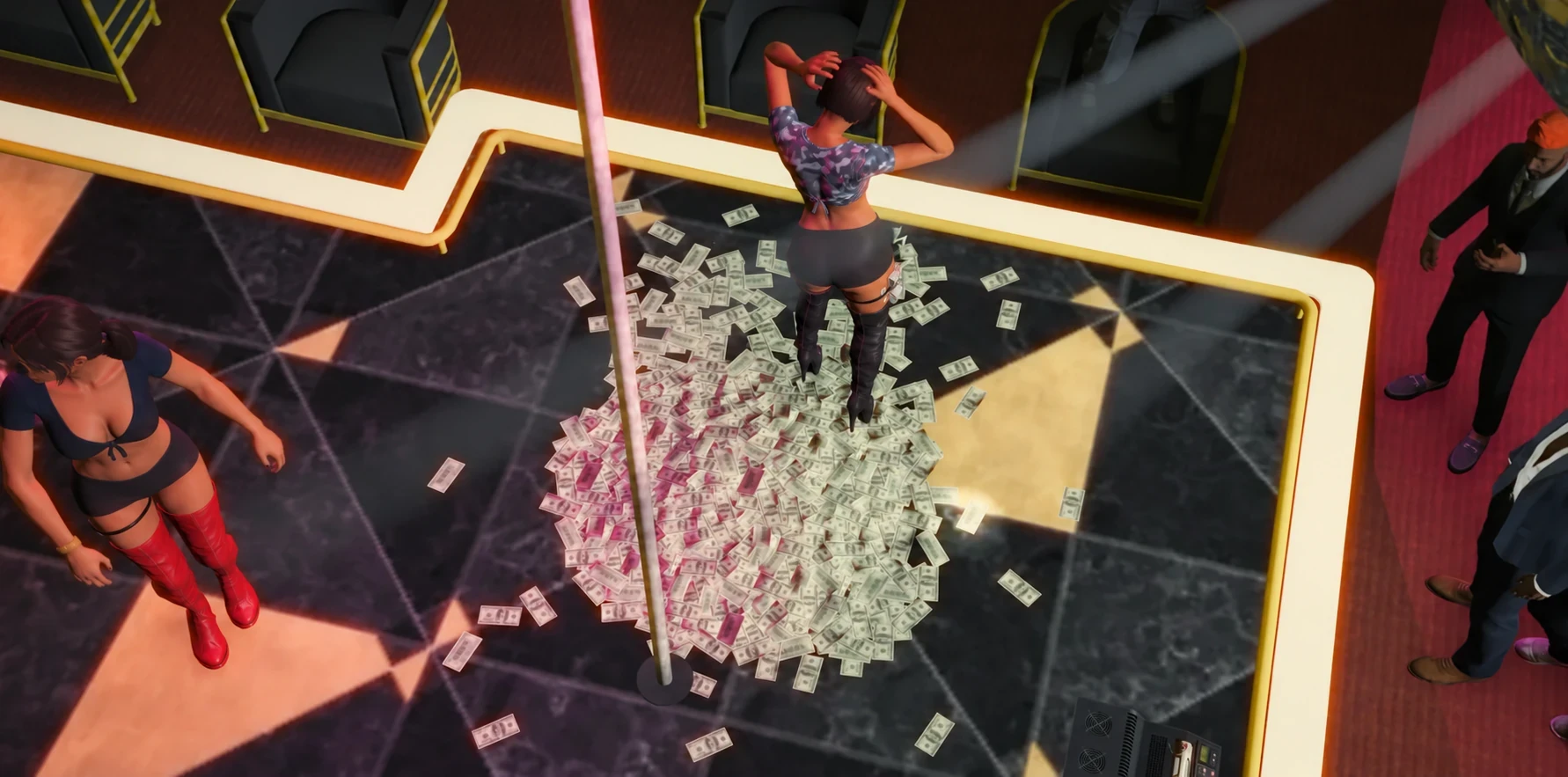 Cash building up around the strip club stage
