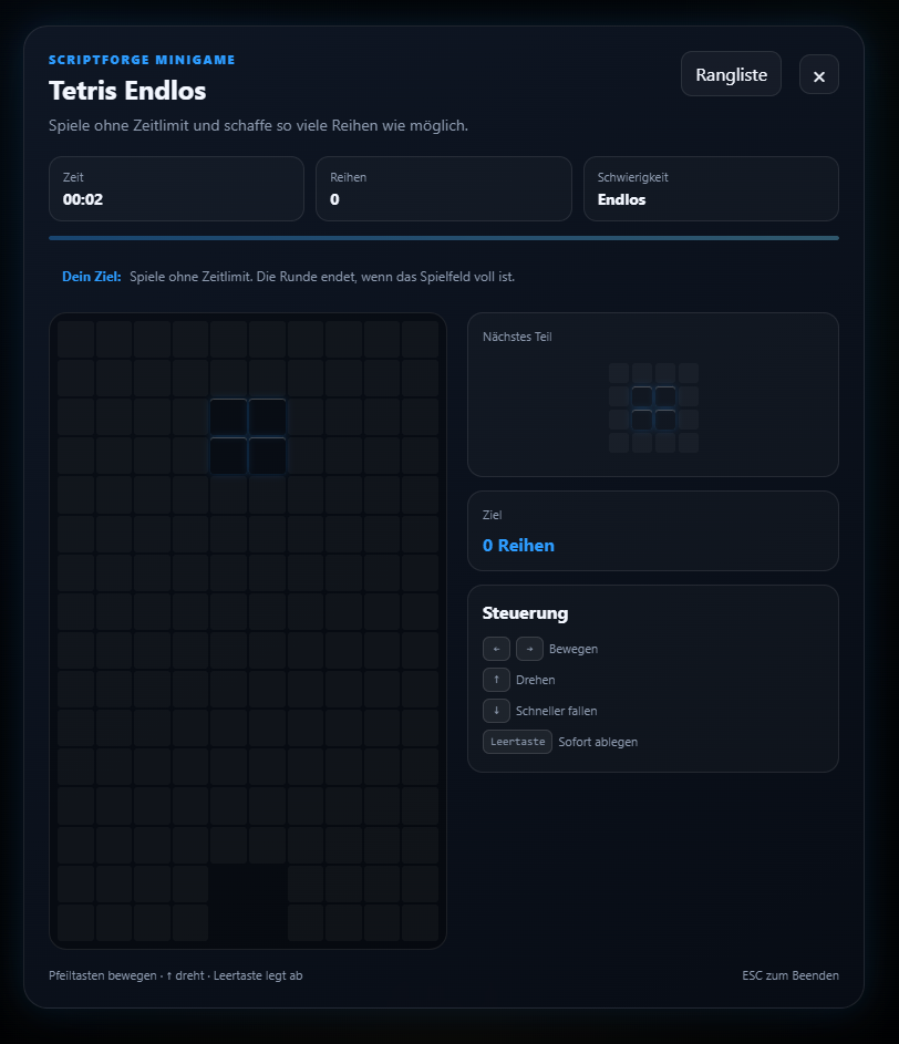 SF Minigame – Zahlenrätsel, Tetris & Ranglisten