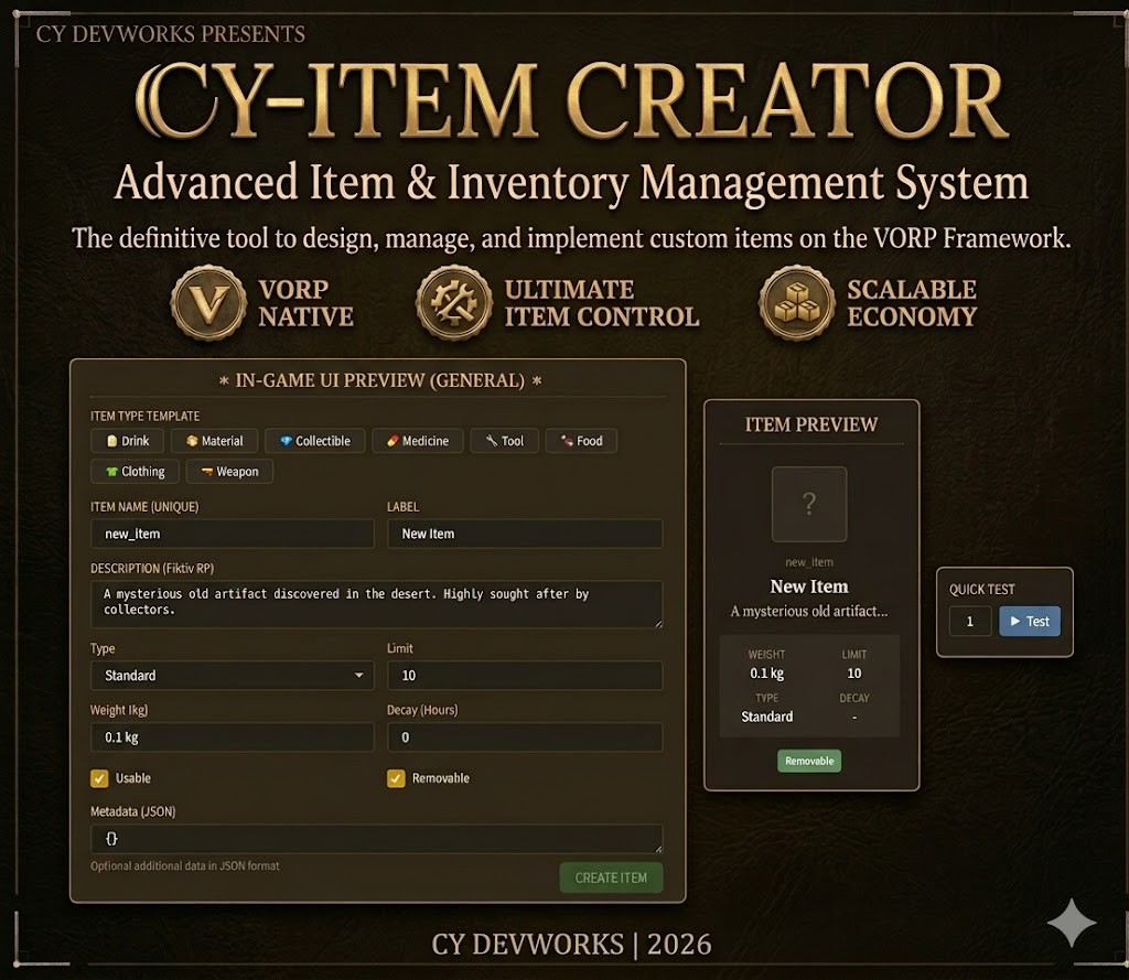 # 🛠️ CY-Itemscreator - Ingame Item Management Panel [VORP]