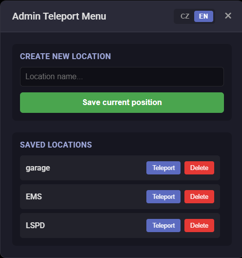 Teleport menu EN/CZ