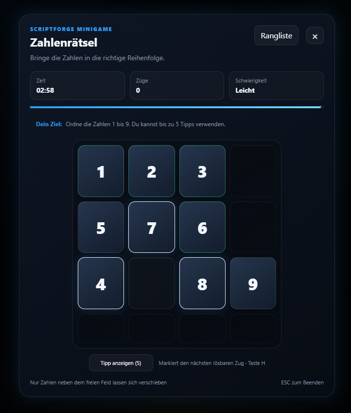 SF Minigame – Zahlenrätsel, Tetris & Ranglisten