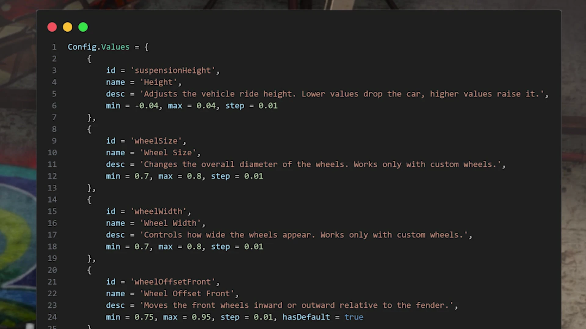 Config.Values setup with min, max and step for ride height and wheel size