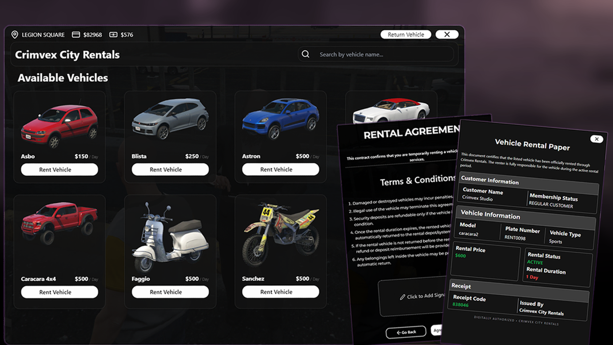 Crimvex Rental | Advanced Vehicle Rental System for QBCore & QBox