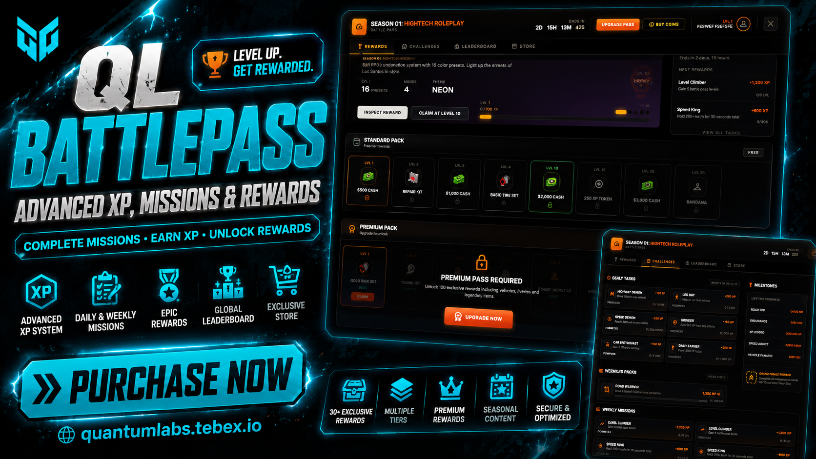 QL BattlePass — Advanced XP, Missions & Reward System for FiveM (QBCore / ESX)