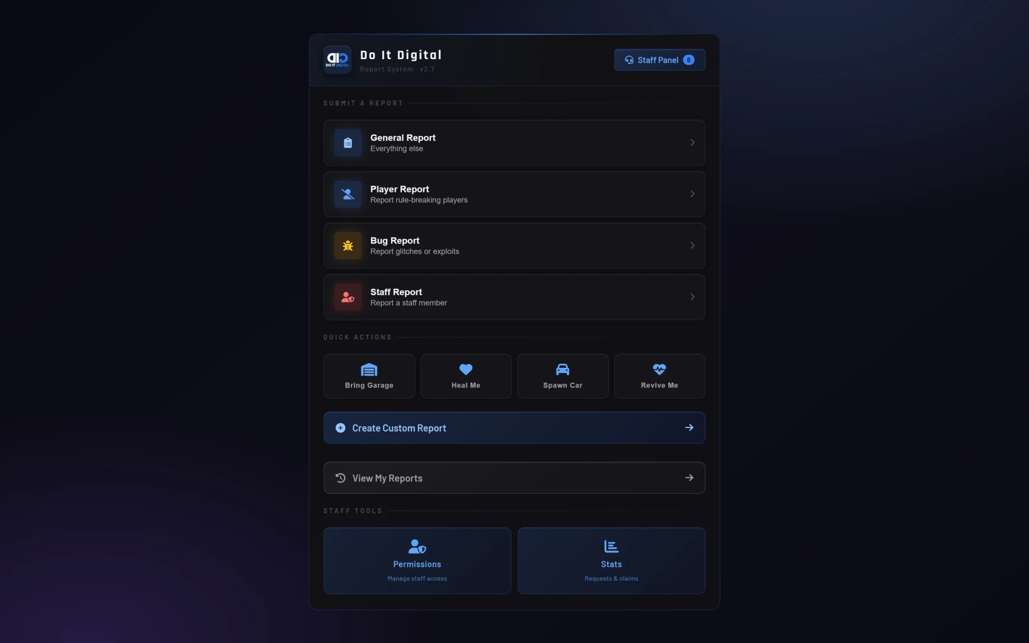 FiveM report system NUI panel with report types and quick actions