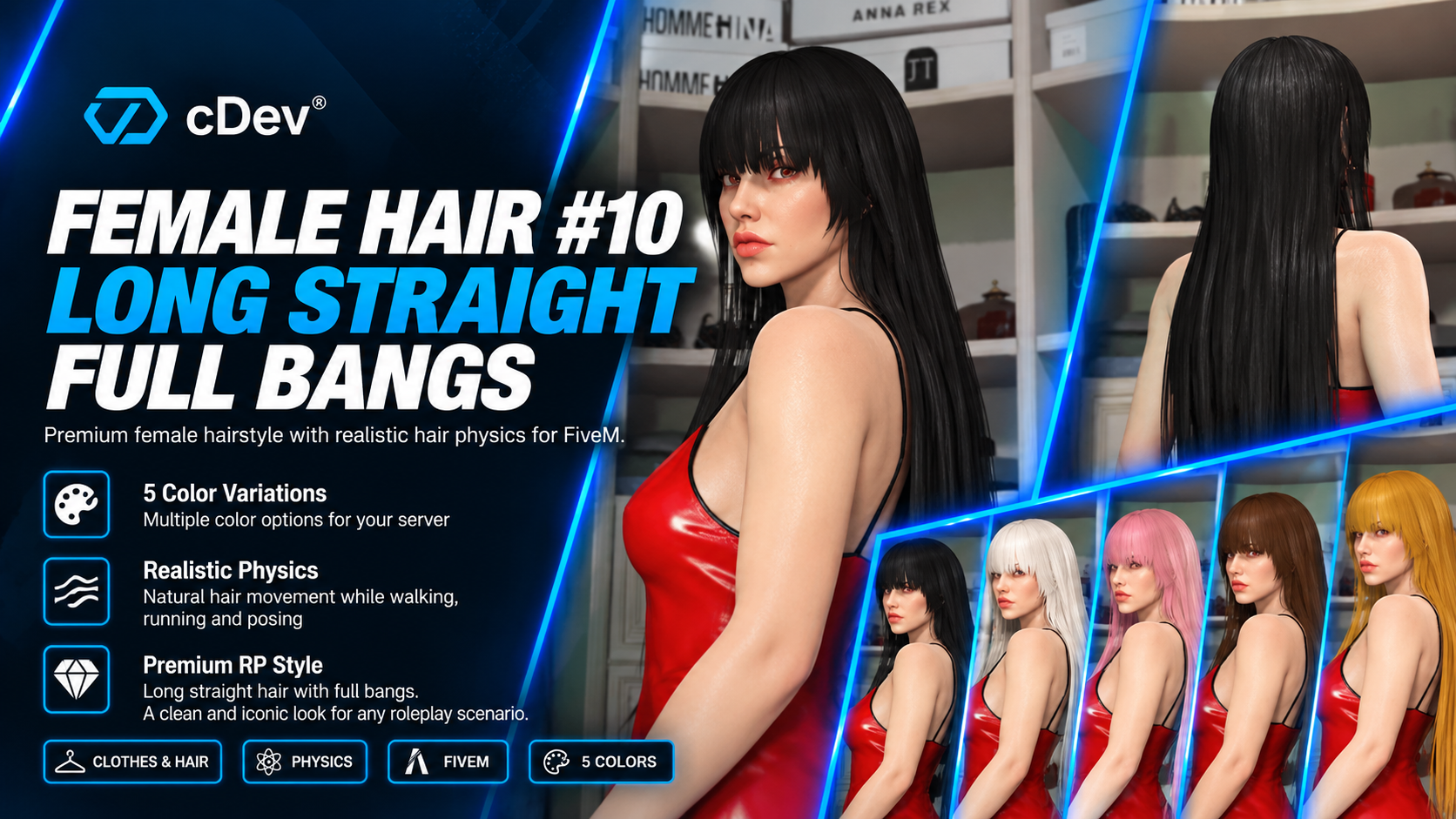 [cDev] Female Hair #10 | Long Straight Full Bangs | Physics | 5 Colors