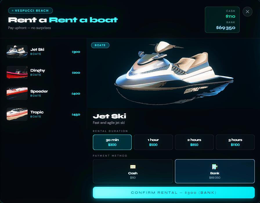 Rental Boat and Car - ESX & QB CORE - Fivem Script