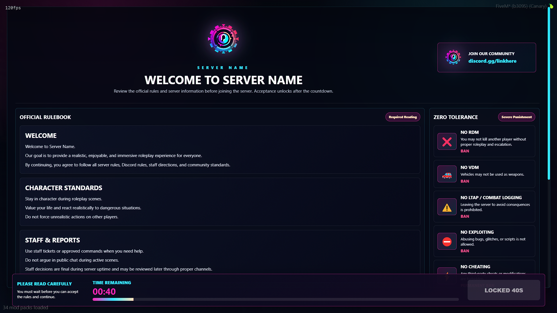 Newcomer Rules & Info Screen
