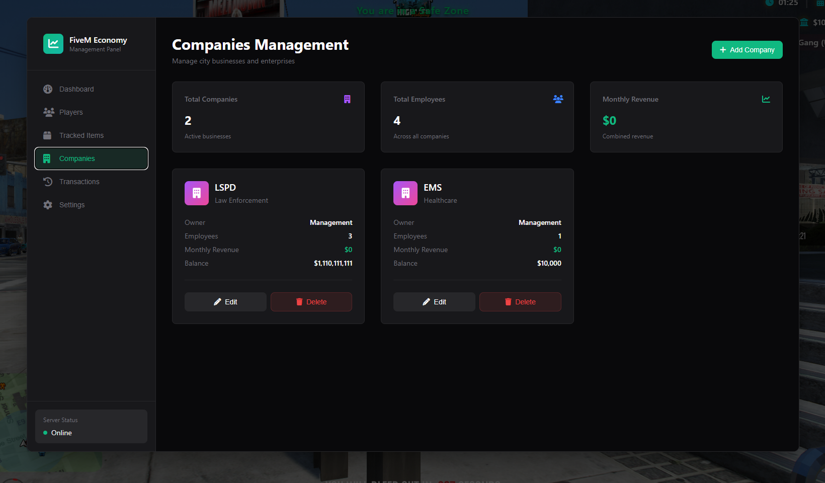 FiveM Economy Management Dashboard