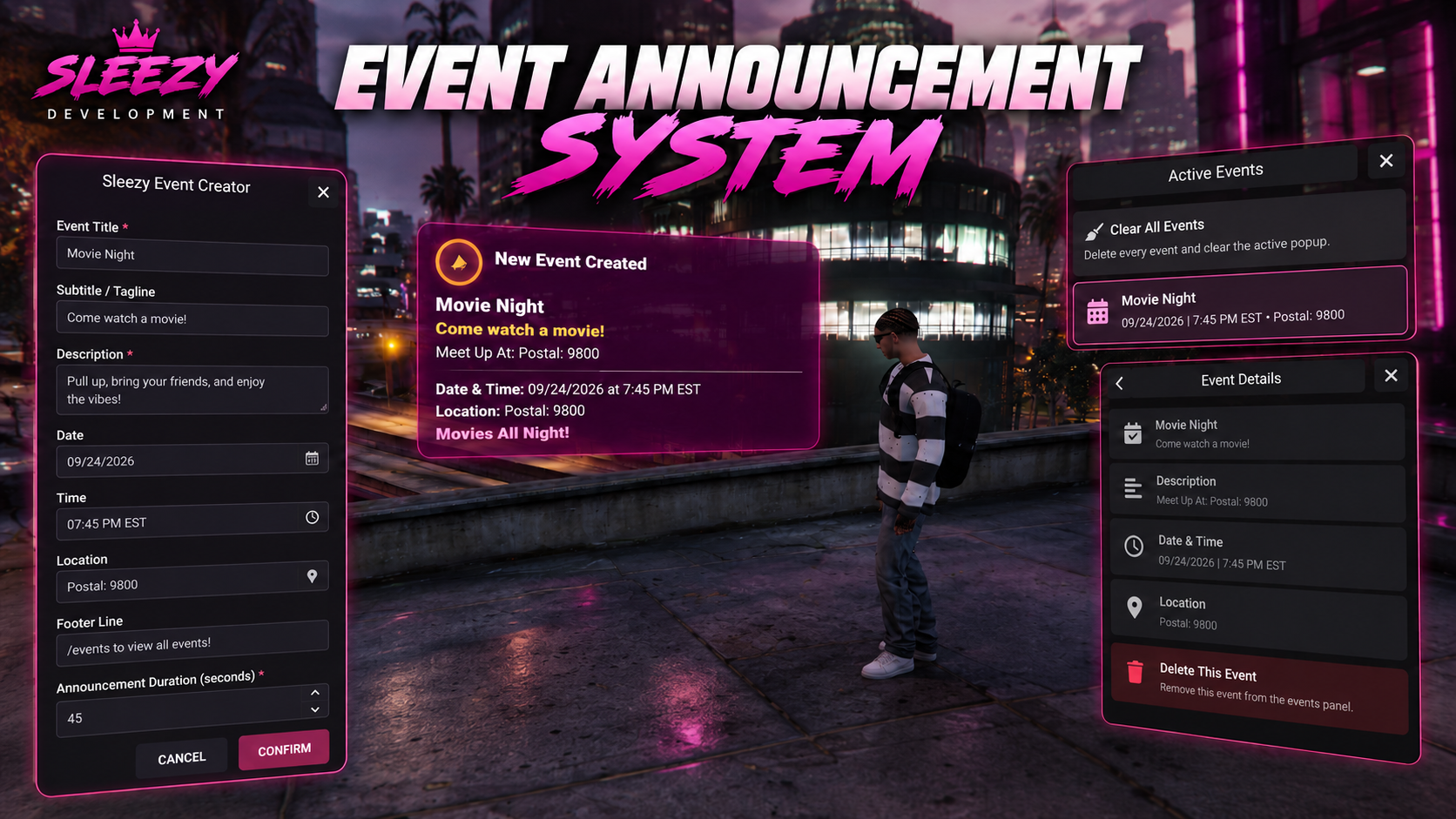 Sleezy Development • Event Announcement System (ESX, QBCore, Qbox, & Standalone)