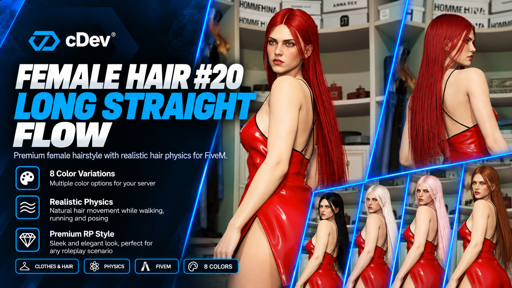 [cDev] Female Hair #20 | Long Straight Flow | Physics | 8 Colors