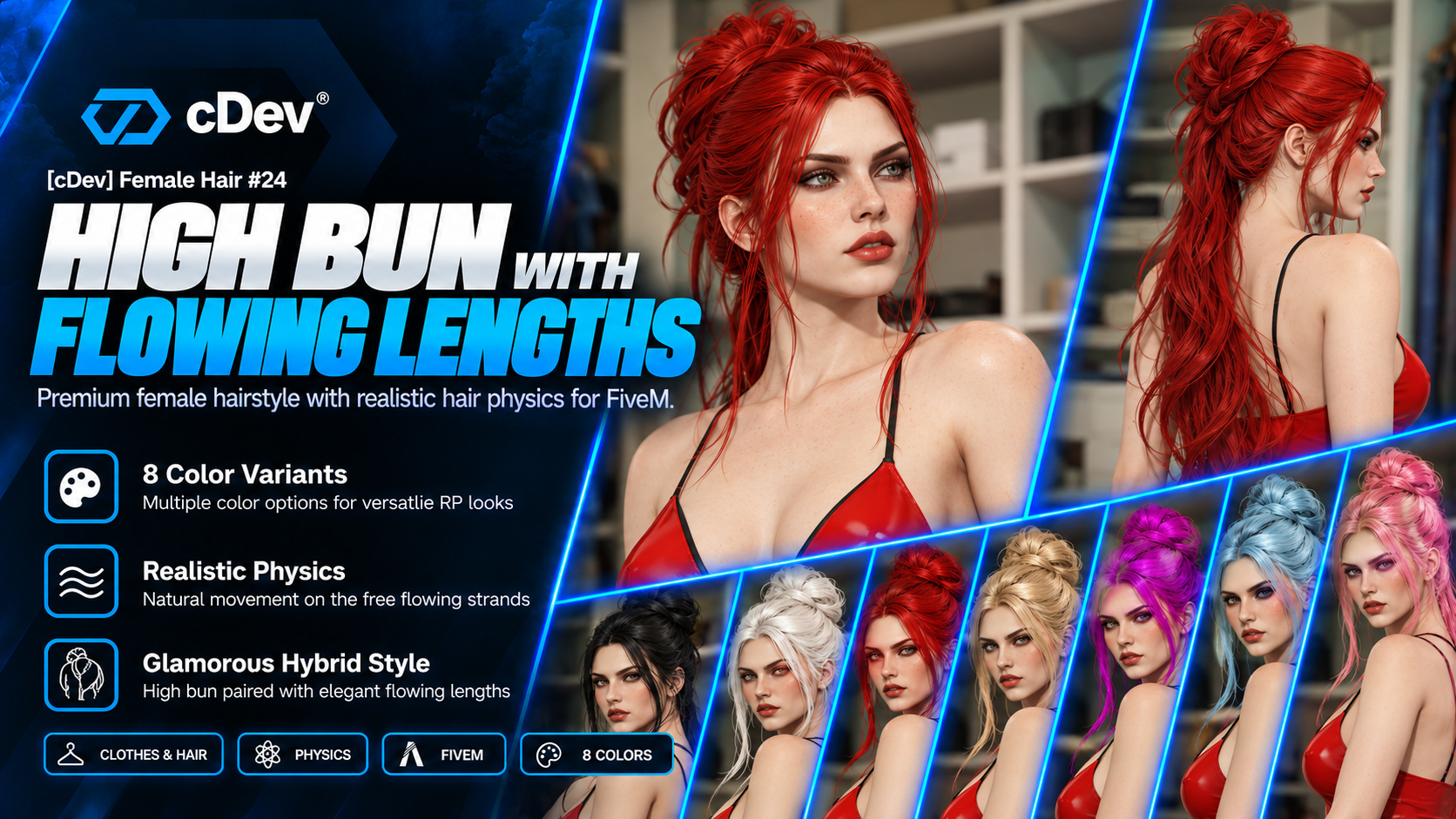 [cDev] Female Hair #24 | High Bun with Flowing Lengths | Physics | 8 Colors