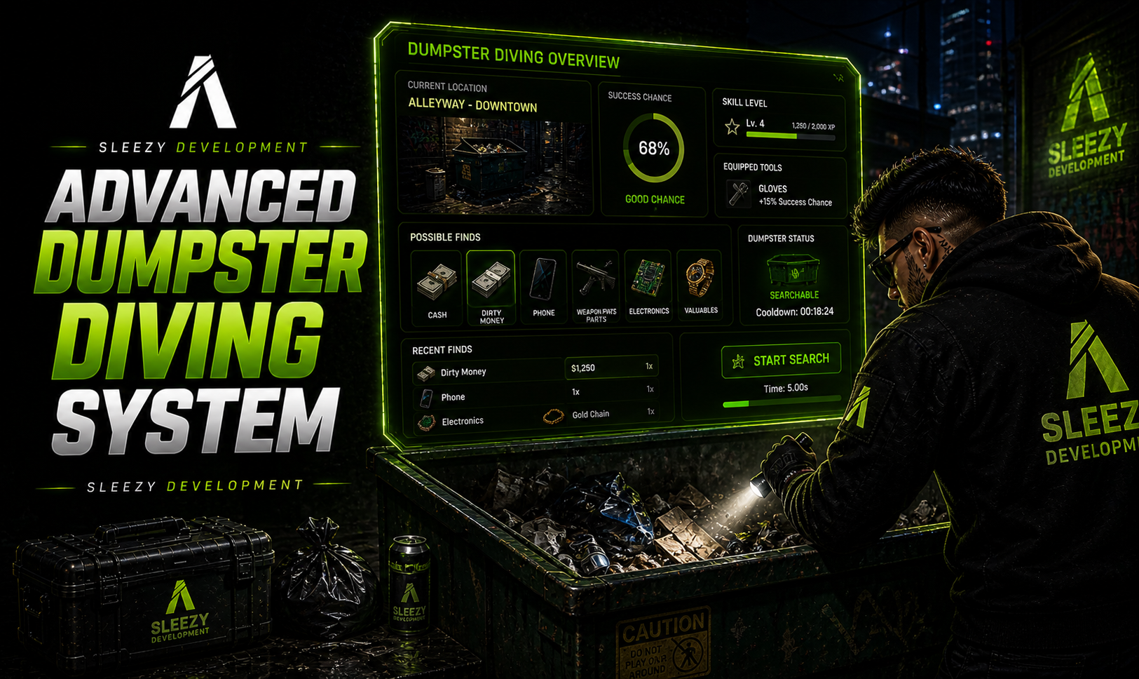 Sleezy Development • Advanced Dumpster Diving System (ESX, QBCore, Qbox, & Standalone)