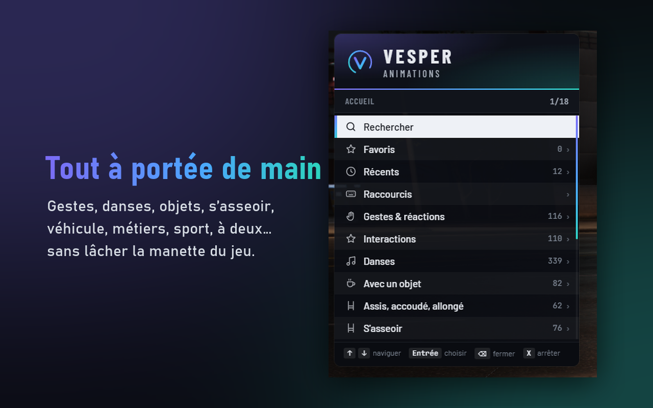Vesper Emotes — Menu d'animations