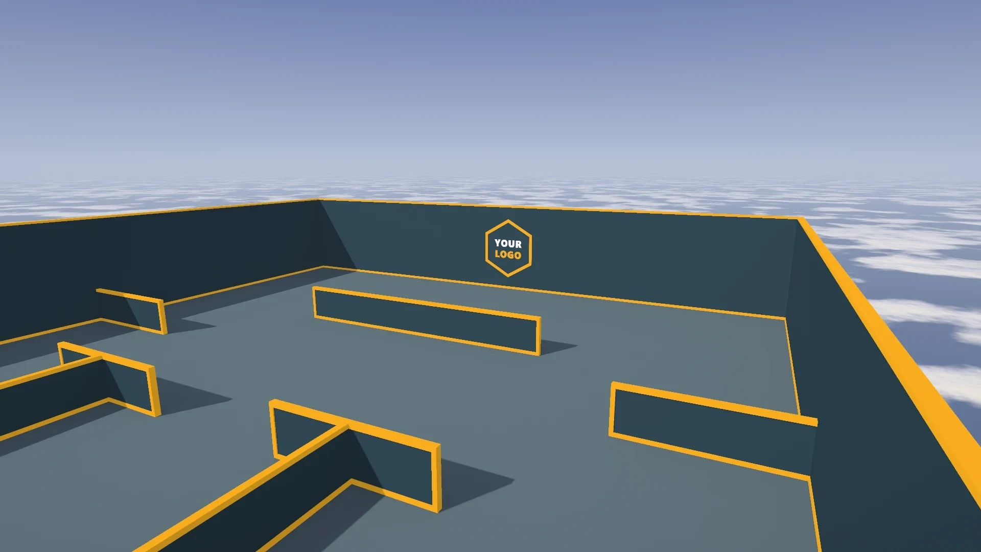 The same arena re-skinned, with a replacement logo and a different wall, accent and floor colour