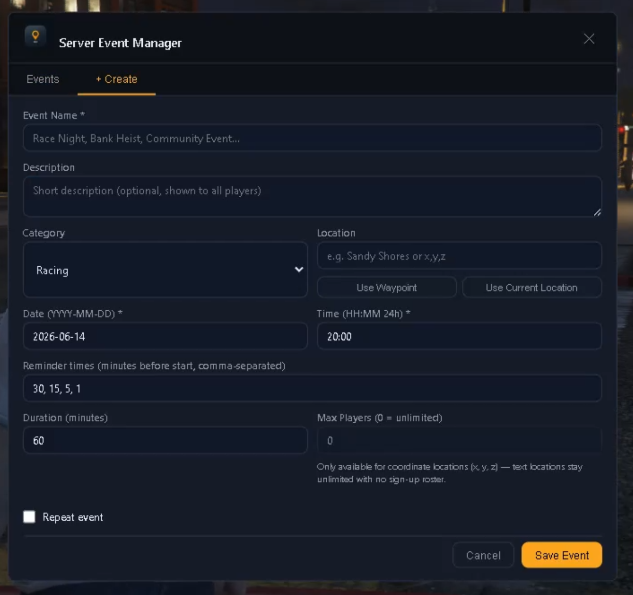 SEM — Server Event Manager (Standalone / QBCore / ESX)