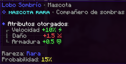 Lobo Sombrío, Rara, probabilidad 15%. Velocidad +10% · Daño +1.5 · Armadura +0.5.