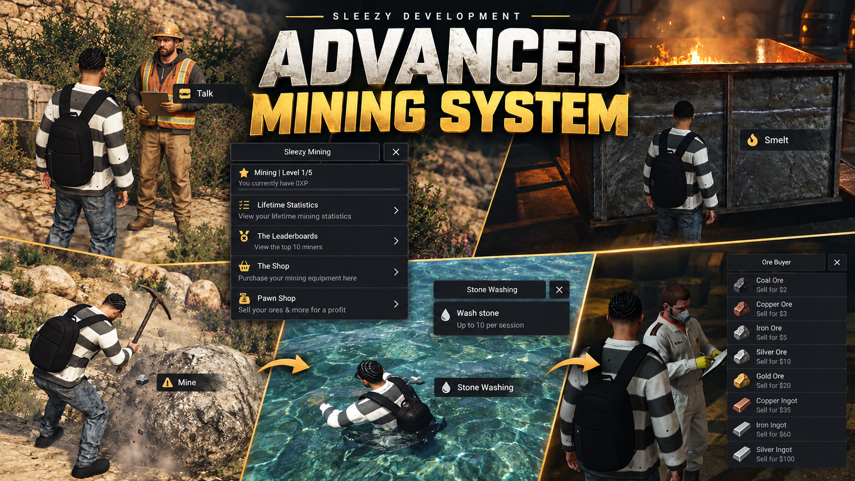 Sleezy Development • Advanced Mining System (ESX, QBCore, Qbox, & Standalone)