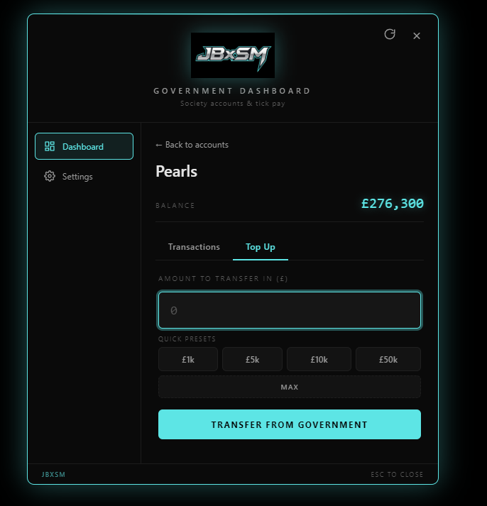 JBxSM Government Dashboard v1.0 — The Ultimate Government Finance System for FiveM