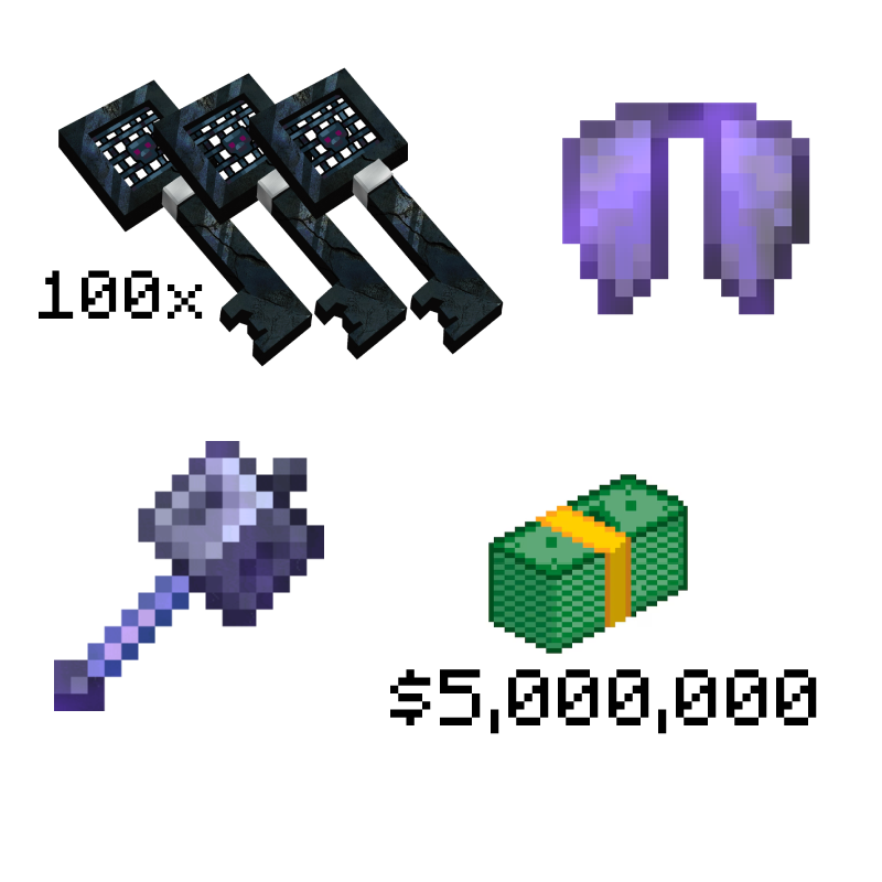 100x Spawner keys, 1x elytra, 1x mace, $5,000,000