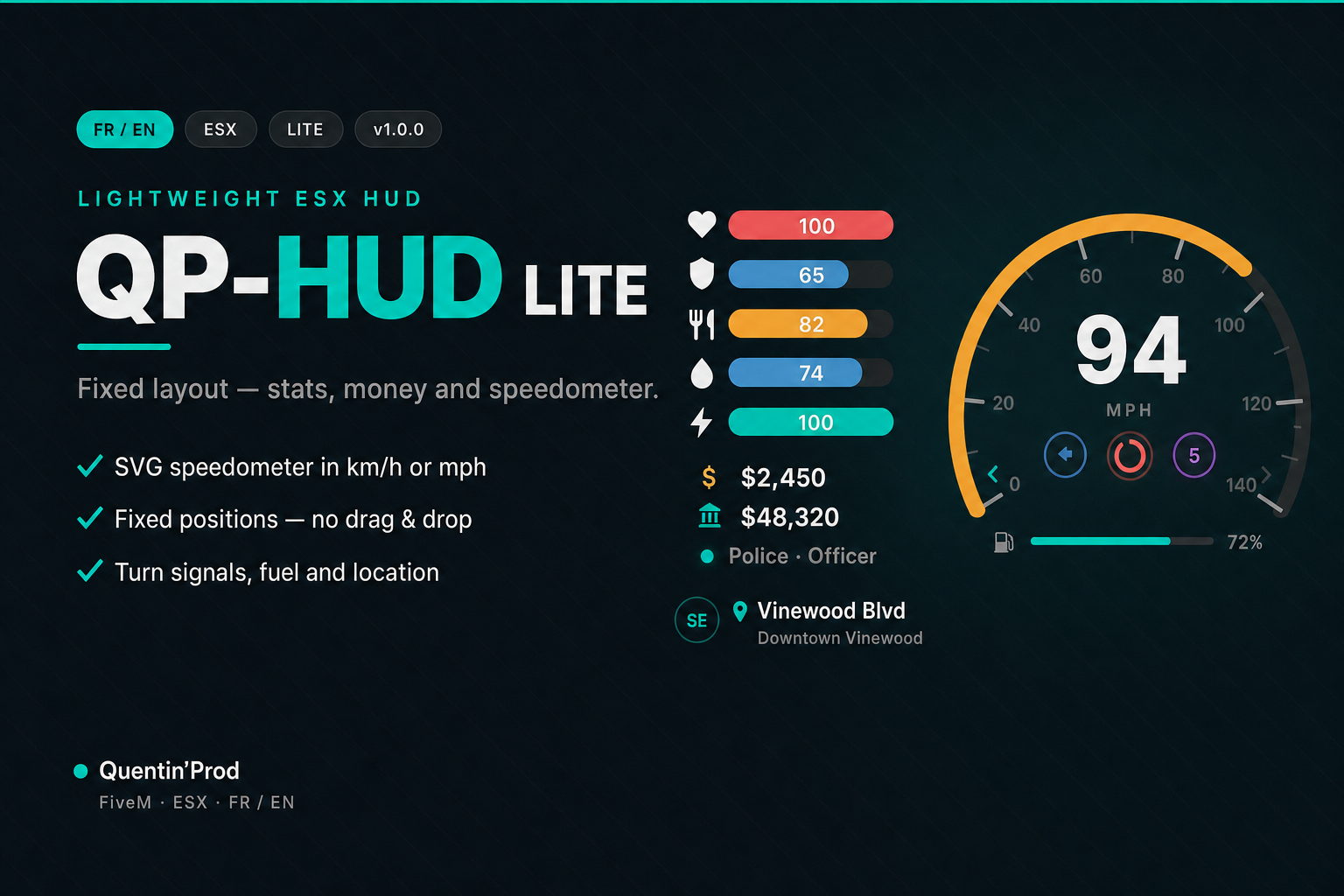 QP-HUD-Lite — ESX HUD stats, vehicle, FR/EN