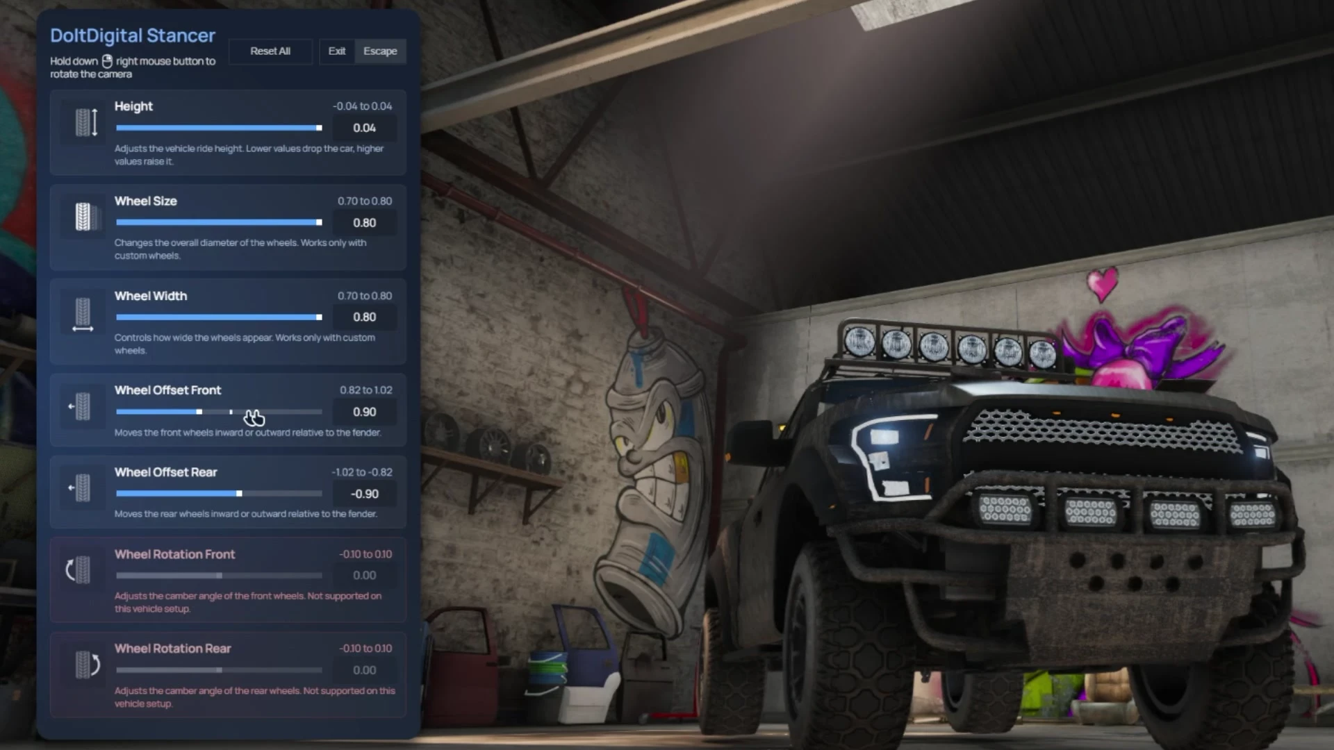 Lifted truck stance setup using the FiveM stancer script