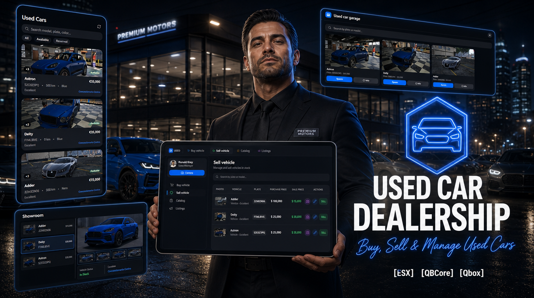 [ESX/QBCore/Qbox] Used Car Dealership Job | Buy, Sell & Manage Used Cars & LB Phone App
