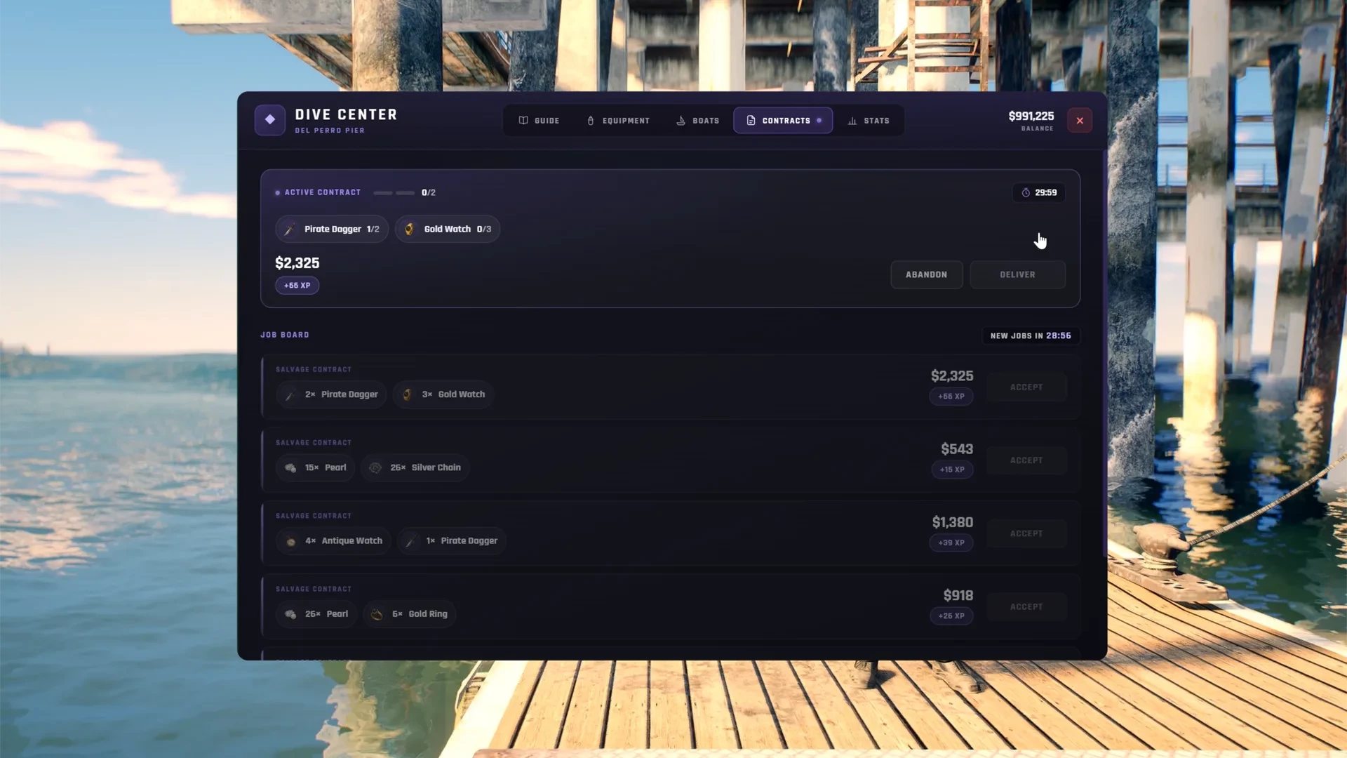 The contract board, with salvage jobs and rewards