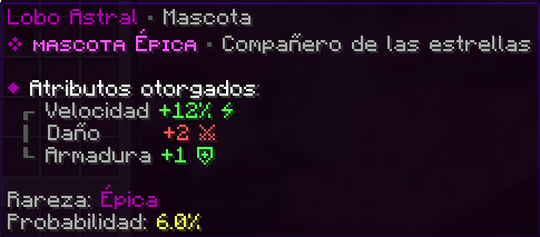 Lobo Astral, Épica, probabilidad 6%. Velocidad +12% · Daño +2 · Armadura +1.