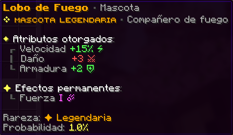 Lobo de Fuego, Legendaria, probabilidad 1%. Velocidad +15% · Daño +3 · Armadura +2. Efectos permanentes: Fuerza I.