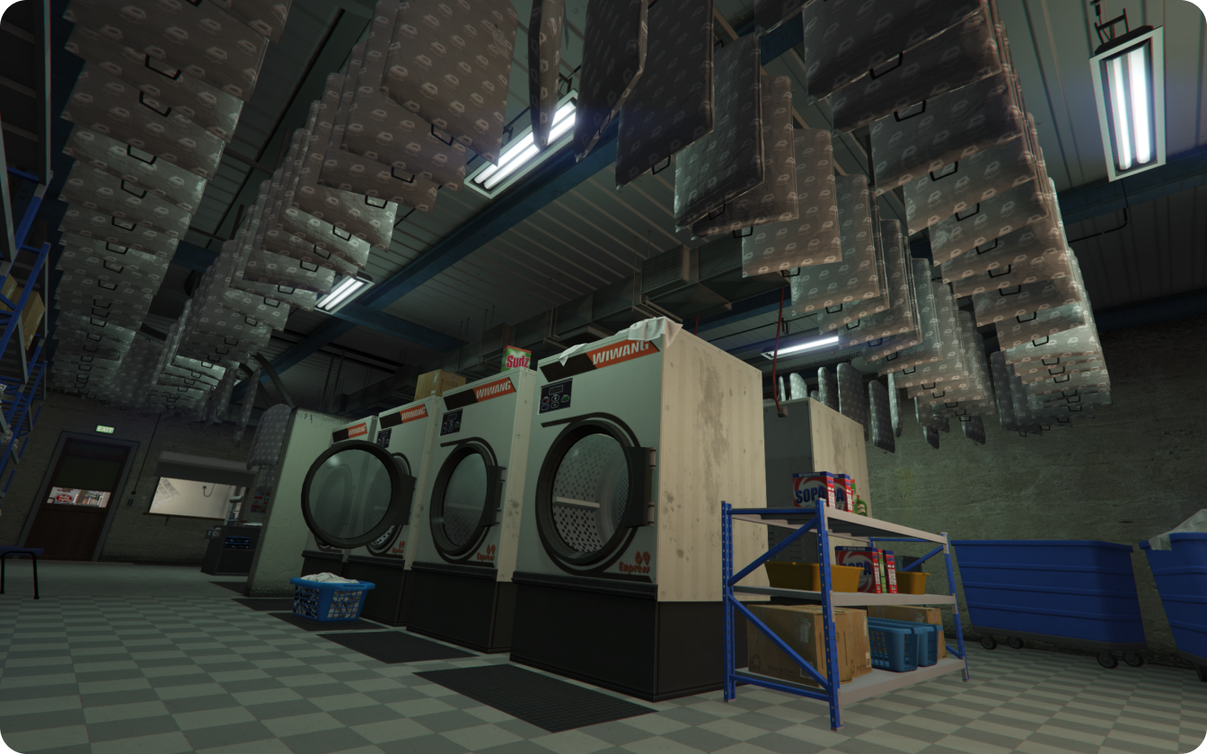 Laundry main room with washing machines and clothing rails GTA V FiveM Interior MLO