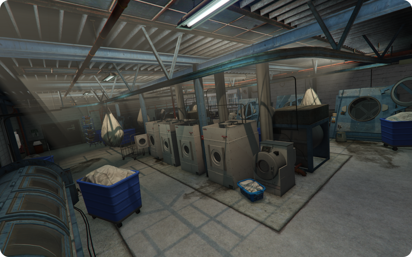Laundry main room top view with washing machines and clothing rails GTA V FiveM Interior MLO