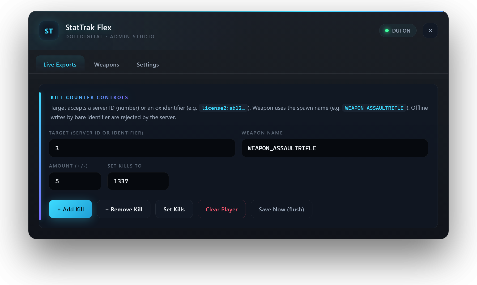 StatTrak Flex admin panel - live kill exports