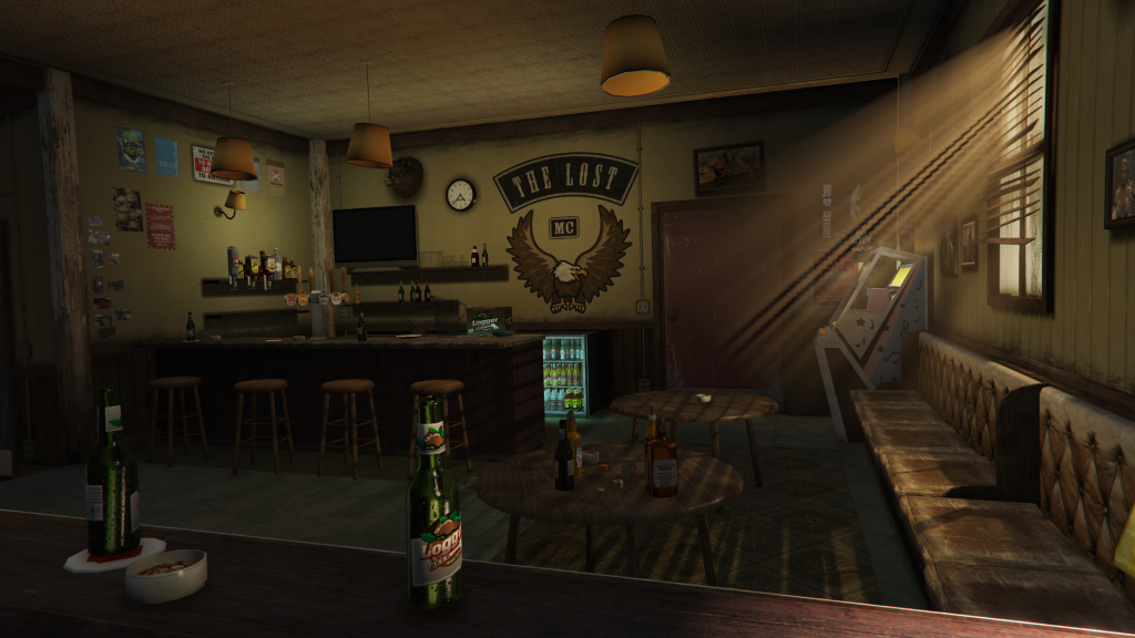 Lost MC Clubhouse Grapeseed interior bar with sunlight rays through window GTA V FiveM Interior MLO