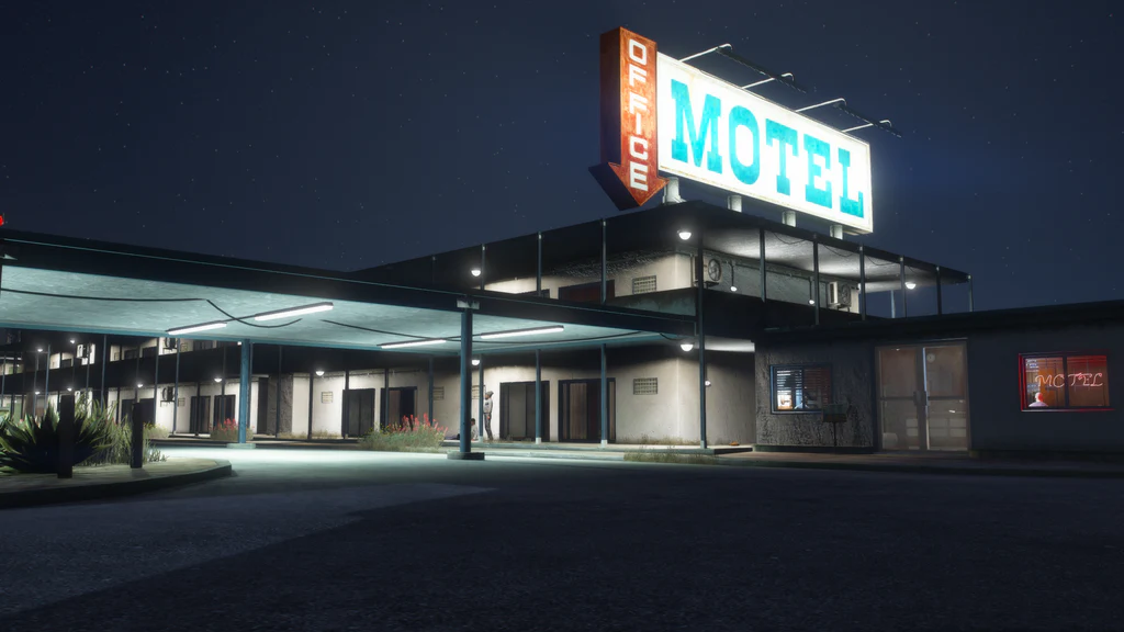 Sandy Shores Motel exterior night view GTA V FiveM Interior MLO