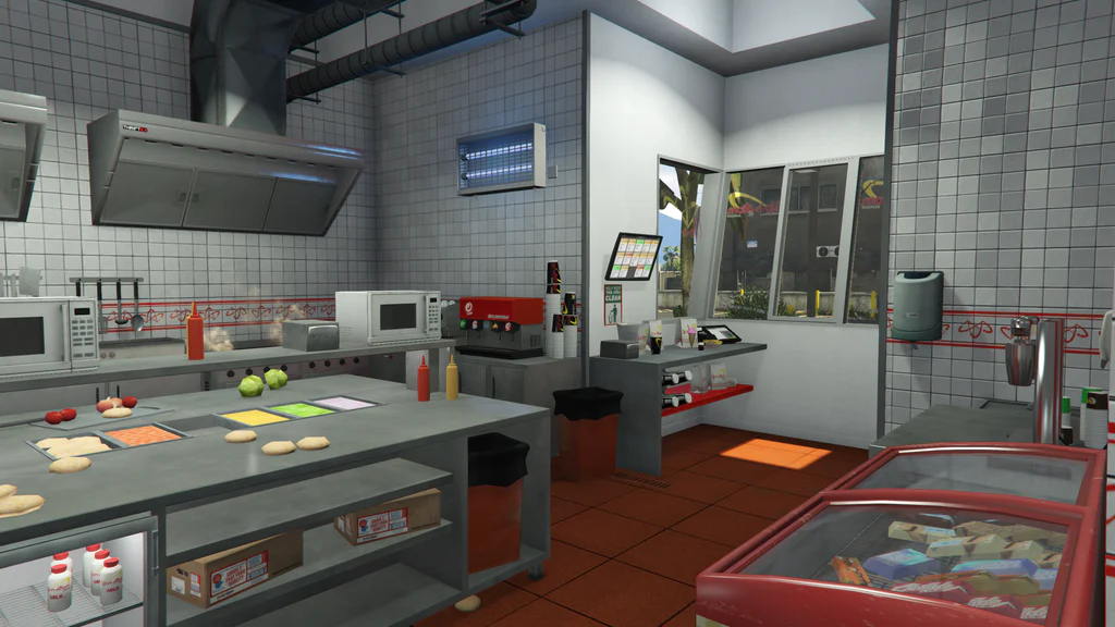 Vinewood Up-n-Atom Burger kitchen and drive thru view GTA V FiveM Interior MLO