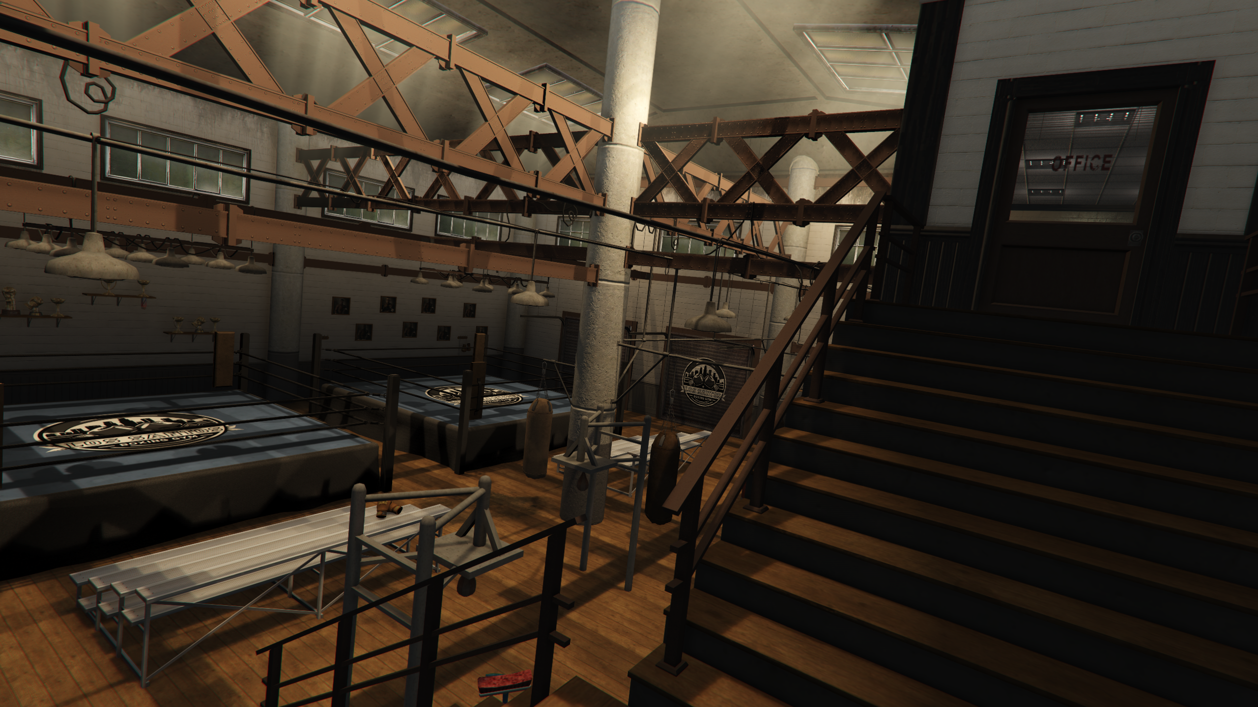 Boxing gym view from stairs with rings and metal beams GTA V FiveM Interior MLO
