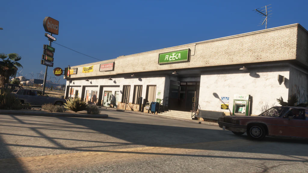 Sandy Shores Strip Mall exterior with Fleeca Bank and Rob's Liquor GTA V FiveM Interior MLO