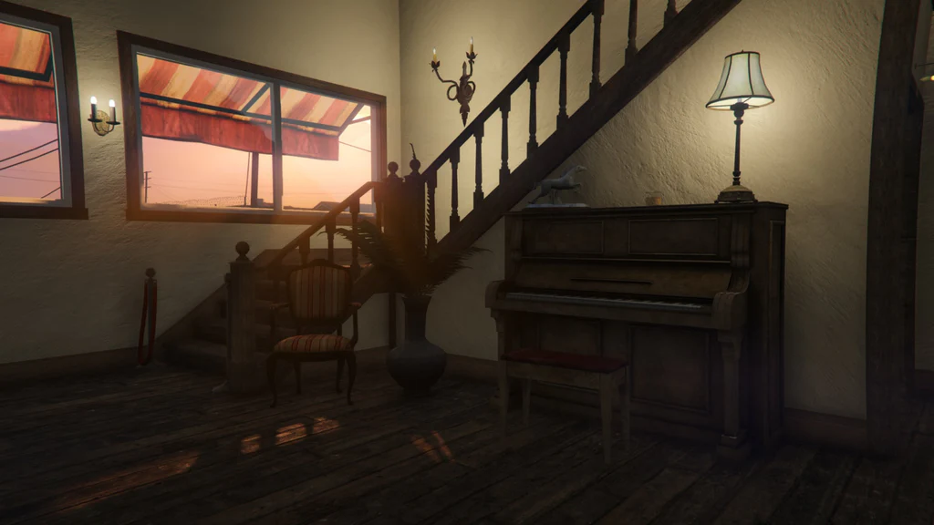 Black Wood Saloon staircase with piano view GTA V FiveM Interior MLO