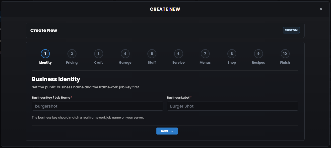Create Business Menu