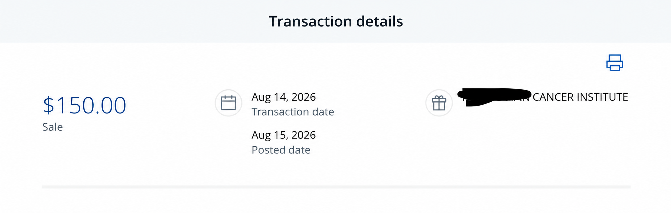 August 2026 donation record with payment details removed