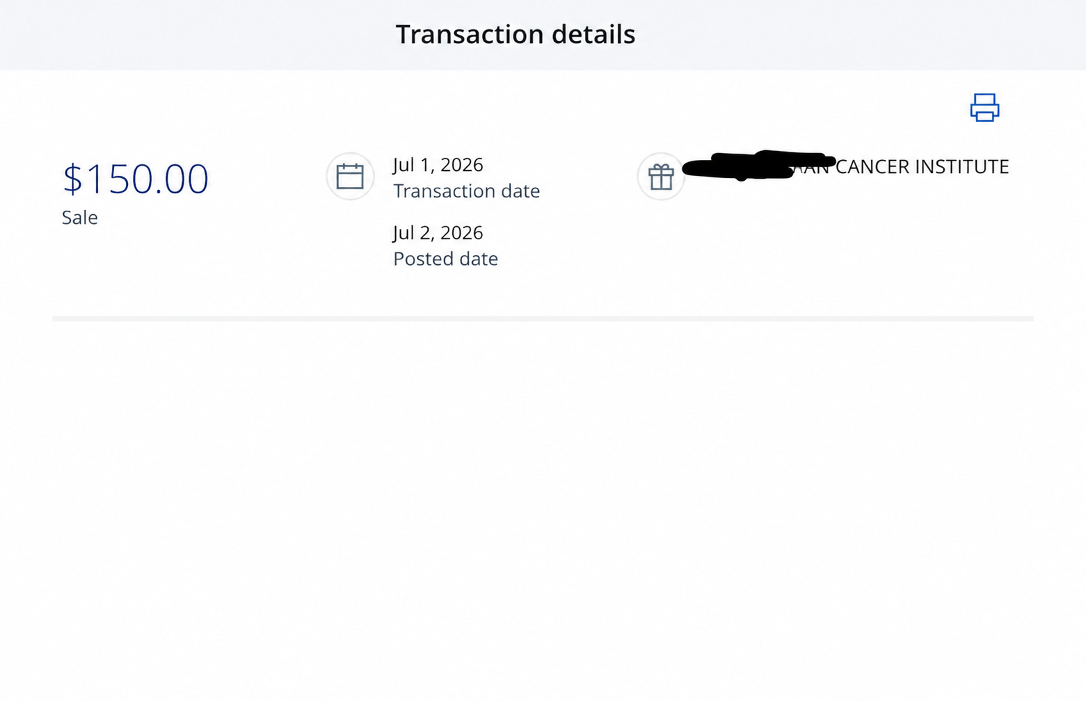 July 2026 donation record with payment details removed
